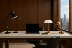 Quatres lampe de bureau sur un bureau en marbre épais