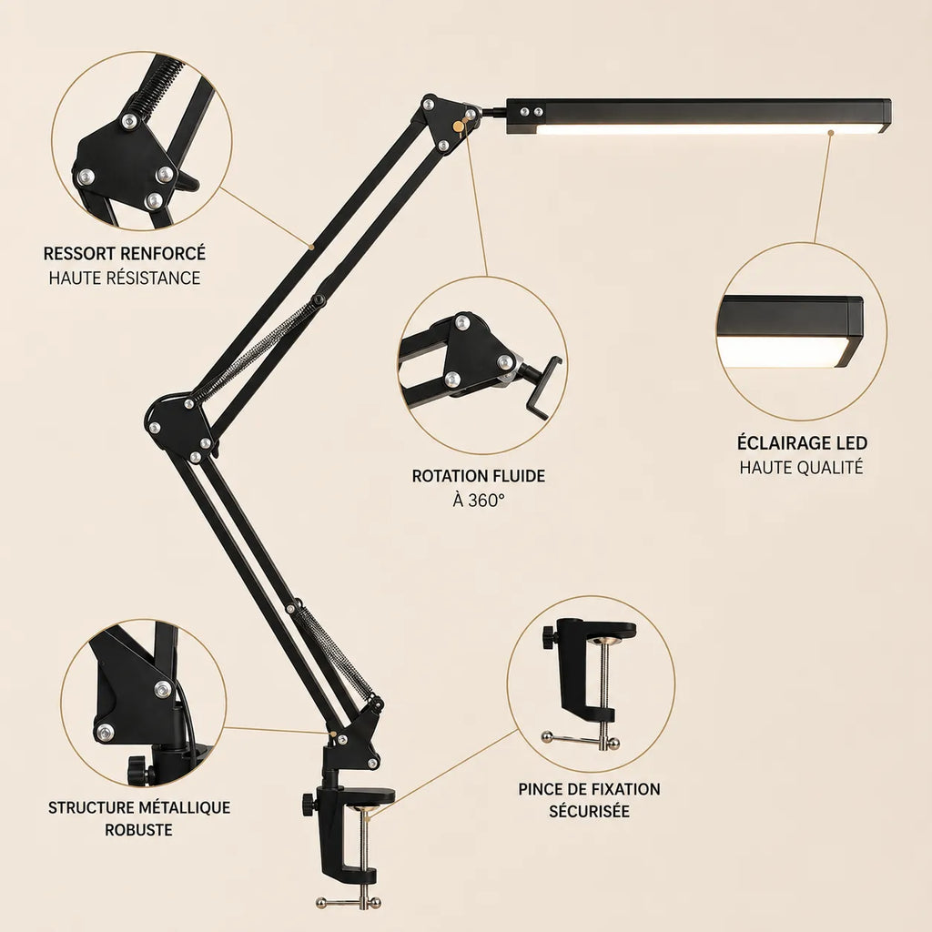 Lampe de Bureau LED 10W Articulée à Pince