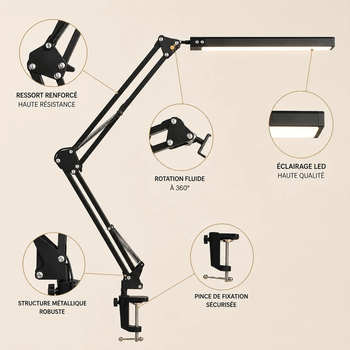 Lampe de Bureau LED 10W Articulée à Pince