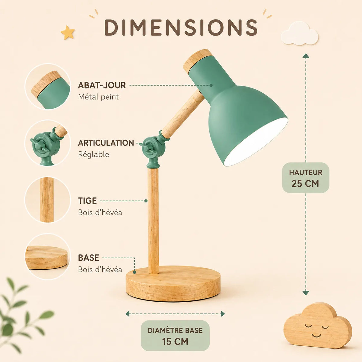 Lampe de Bureau LED Bois Colorée Fille/Garçon