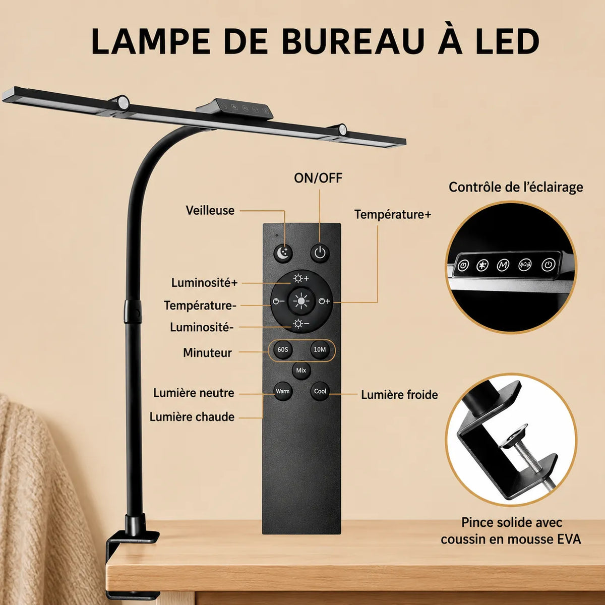 Lampe de Bureau LED à Pince Tactile