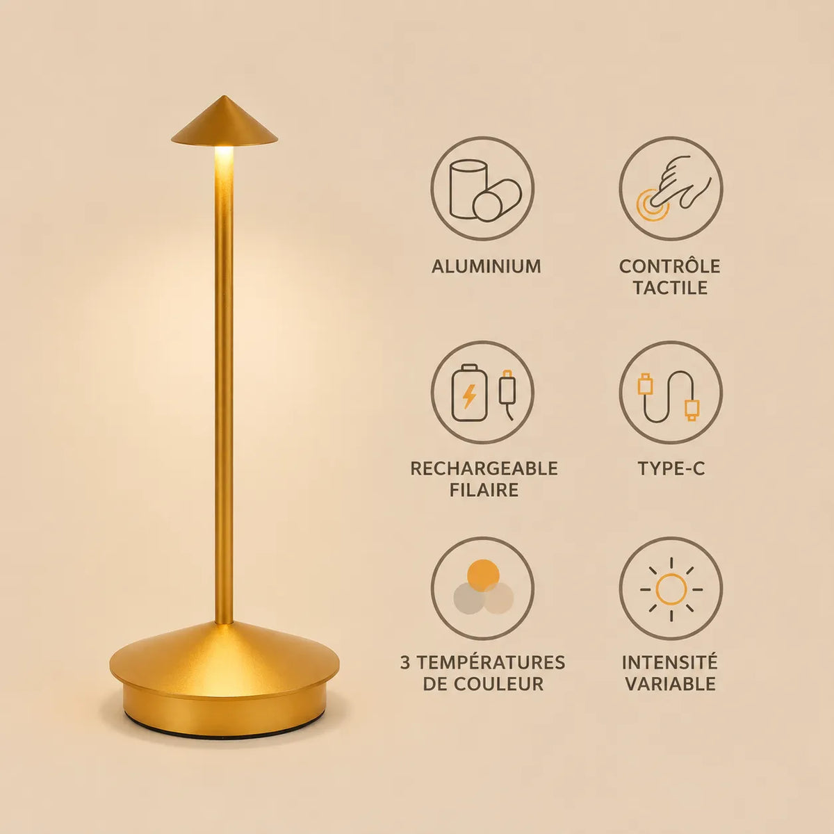Lampe de Bureau LED Pic Doré Sans-fil