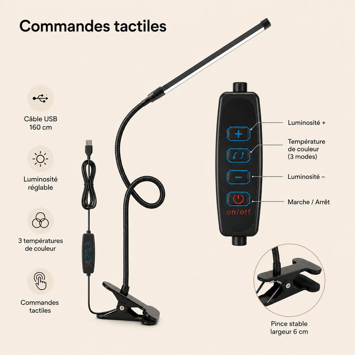 Lampe de Bureau LED à Pince Col de Cygne Flexible