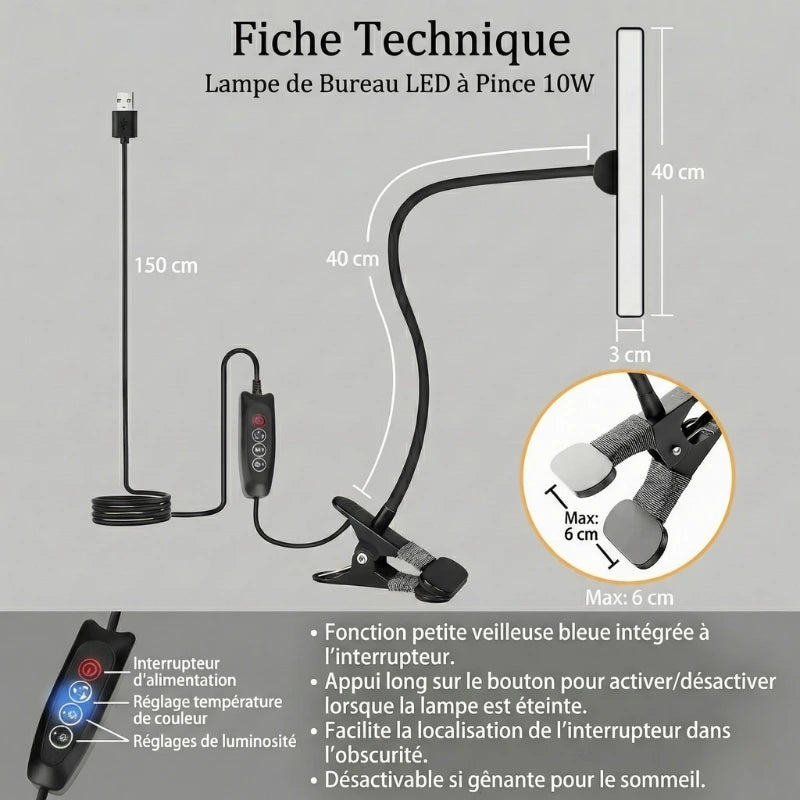 Fiche technique de la Lampe de Bureau LED à Pince 10W