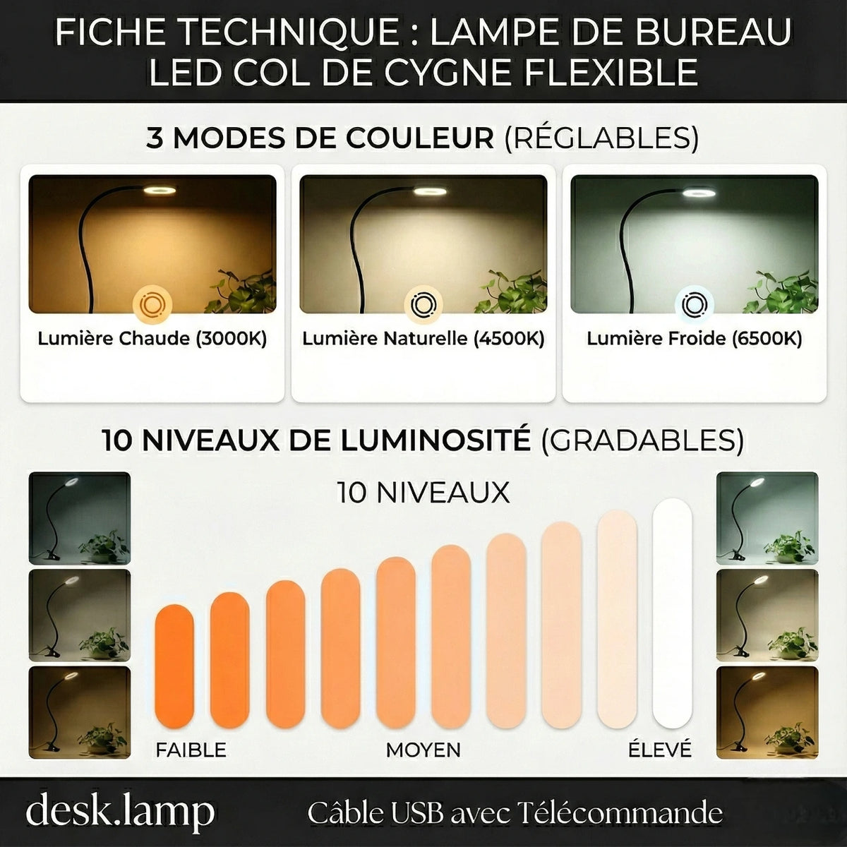Fiche technique de la Lampe de Bureau LED USB Col de Cygne à Pince