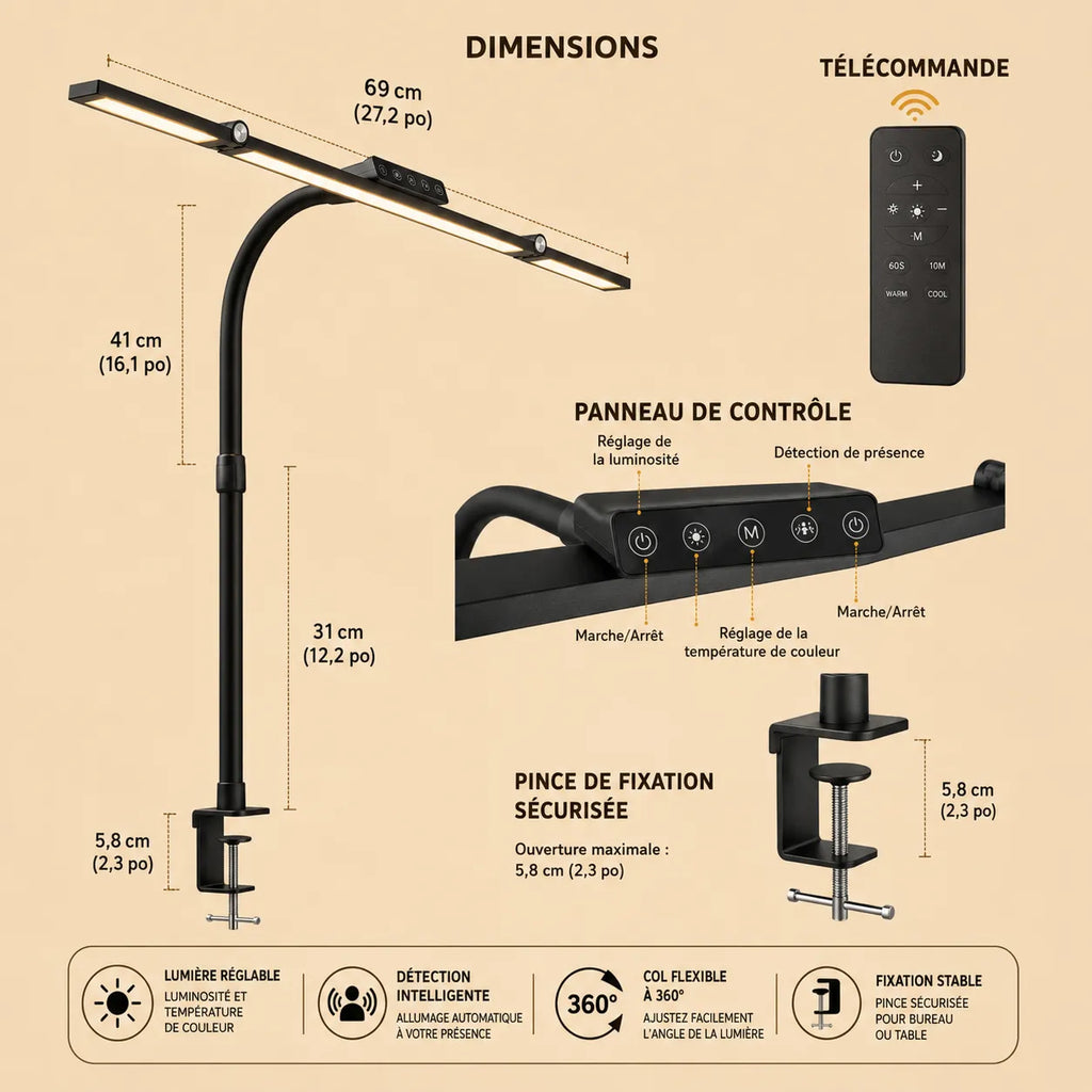 Lampe de Bureau LED à Pince Tactile