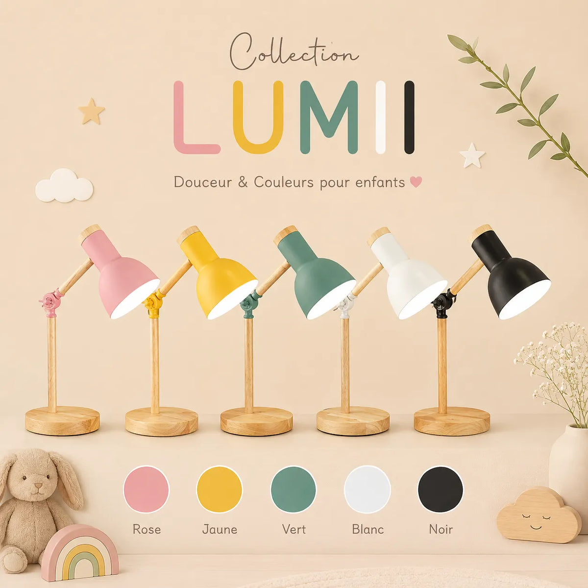 Lampe de Bureau LED Bois Colorée Fille/Garçon