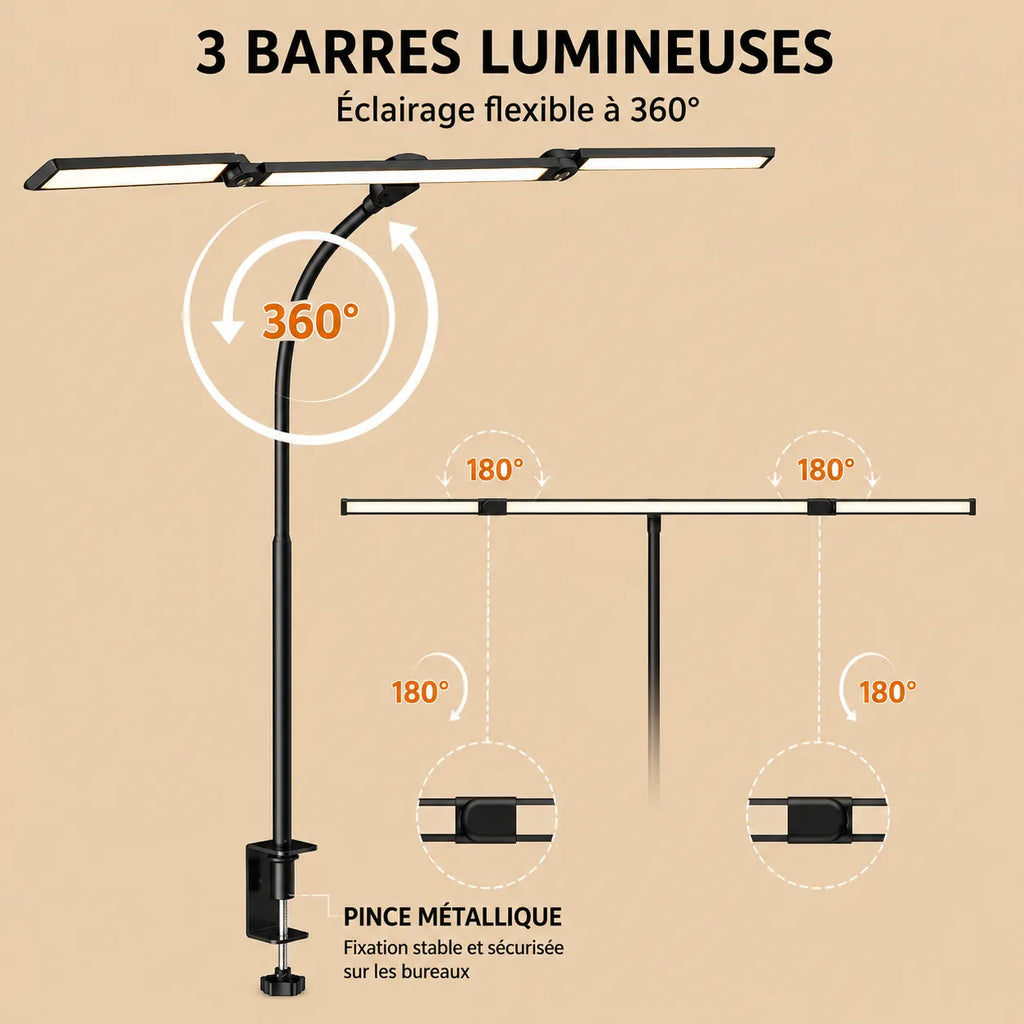 Lampe de Bureau LED à Pince Triple Tête Articulée