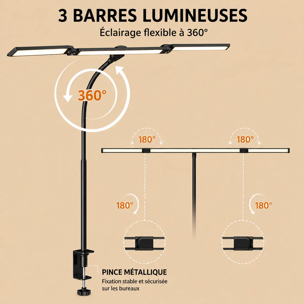 Lampe de Bureau LED à Pince Triple Tête Articulée