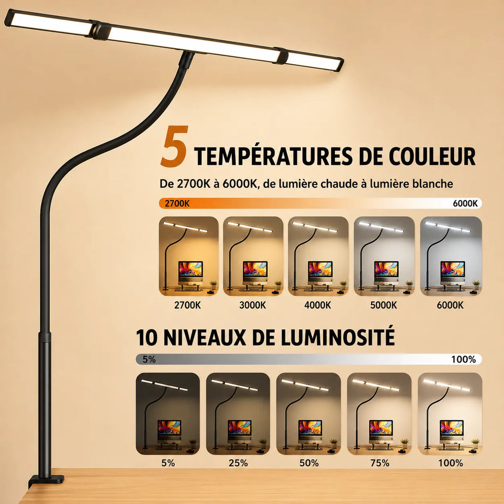 Lampe de Bureau LED à Pince Triple Tête Articulée