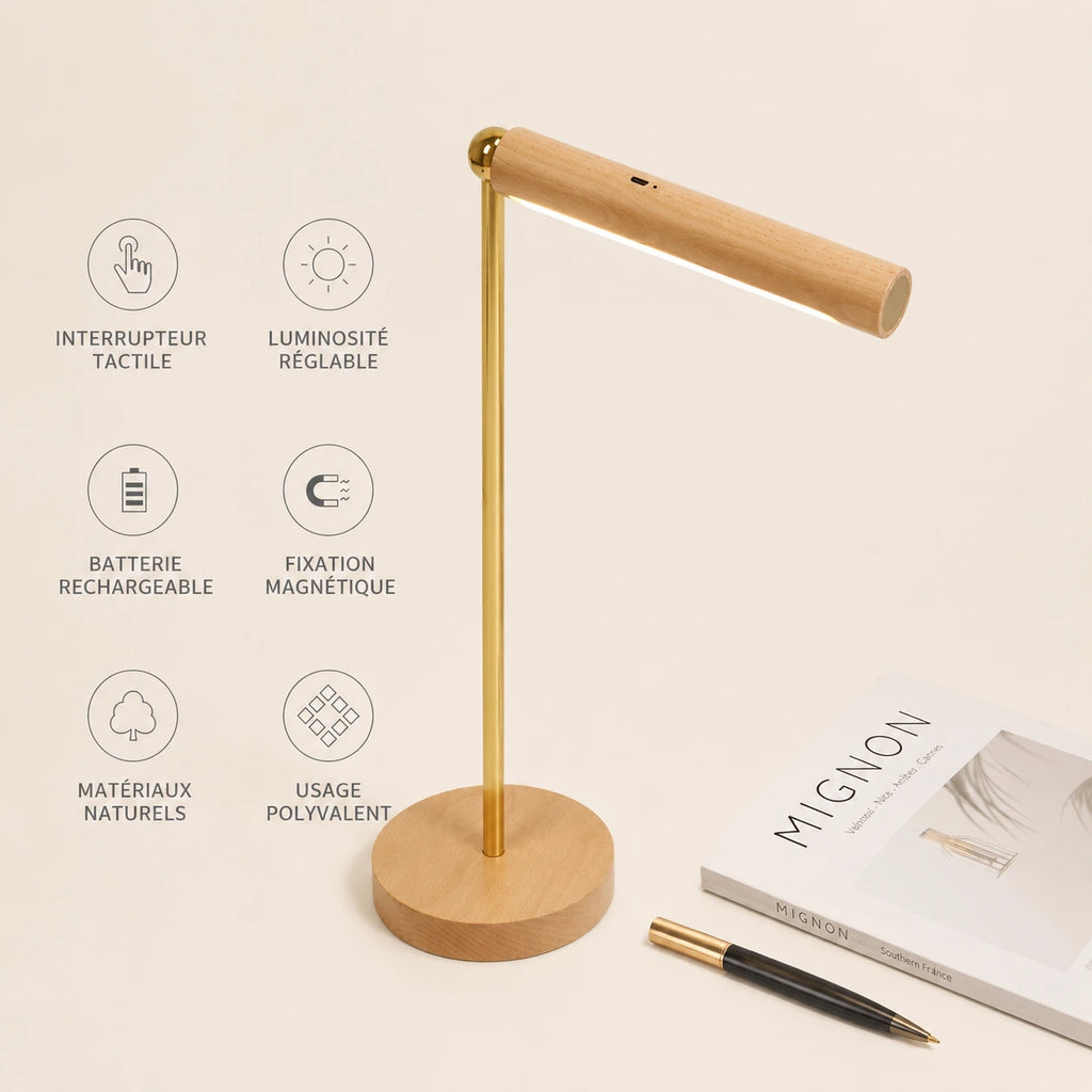 Lampe de bureau en bois avec tête ajustable et lumière LED douce
