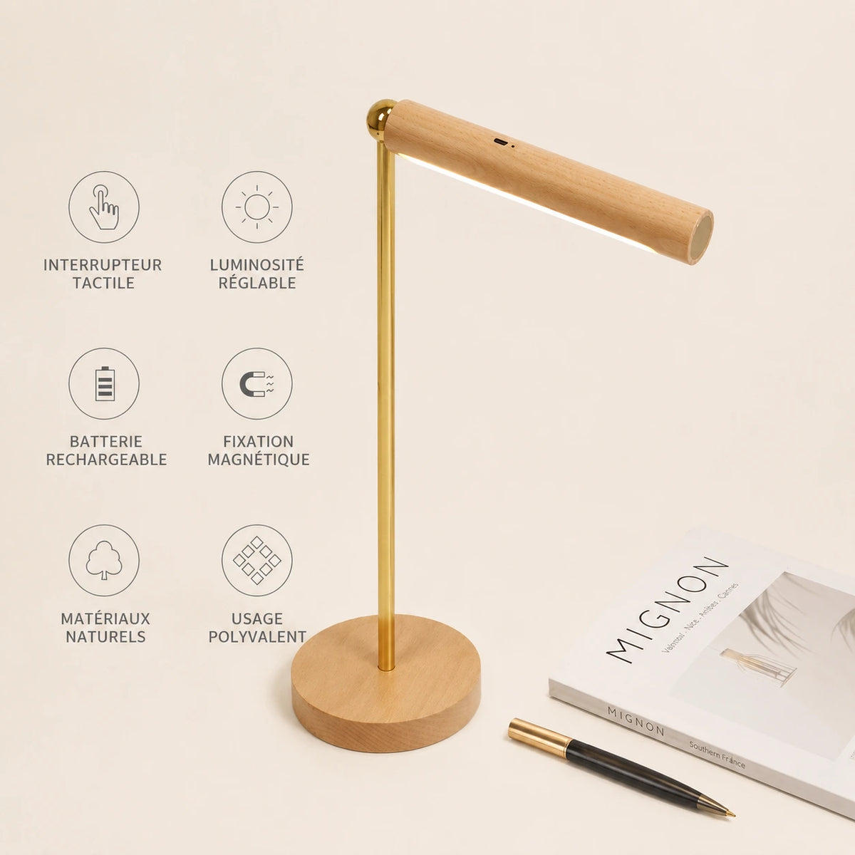 Lampe de bureau en bois avec tête ajustable et lumière LED douce