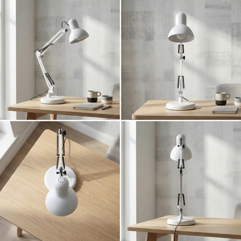 Quatre angles de vue de la Lampe de Bureau Articulée Blanche