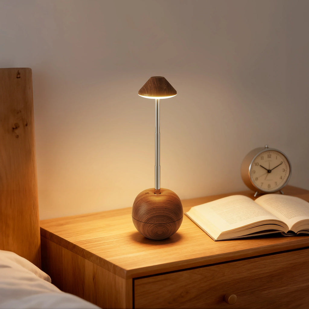 Lampe de Bureau Inclinable LED en Bois sur une table de lecture