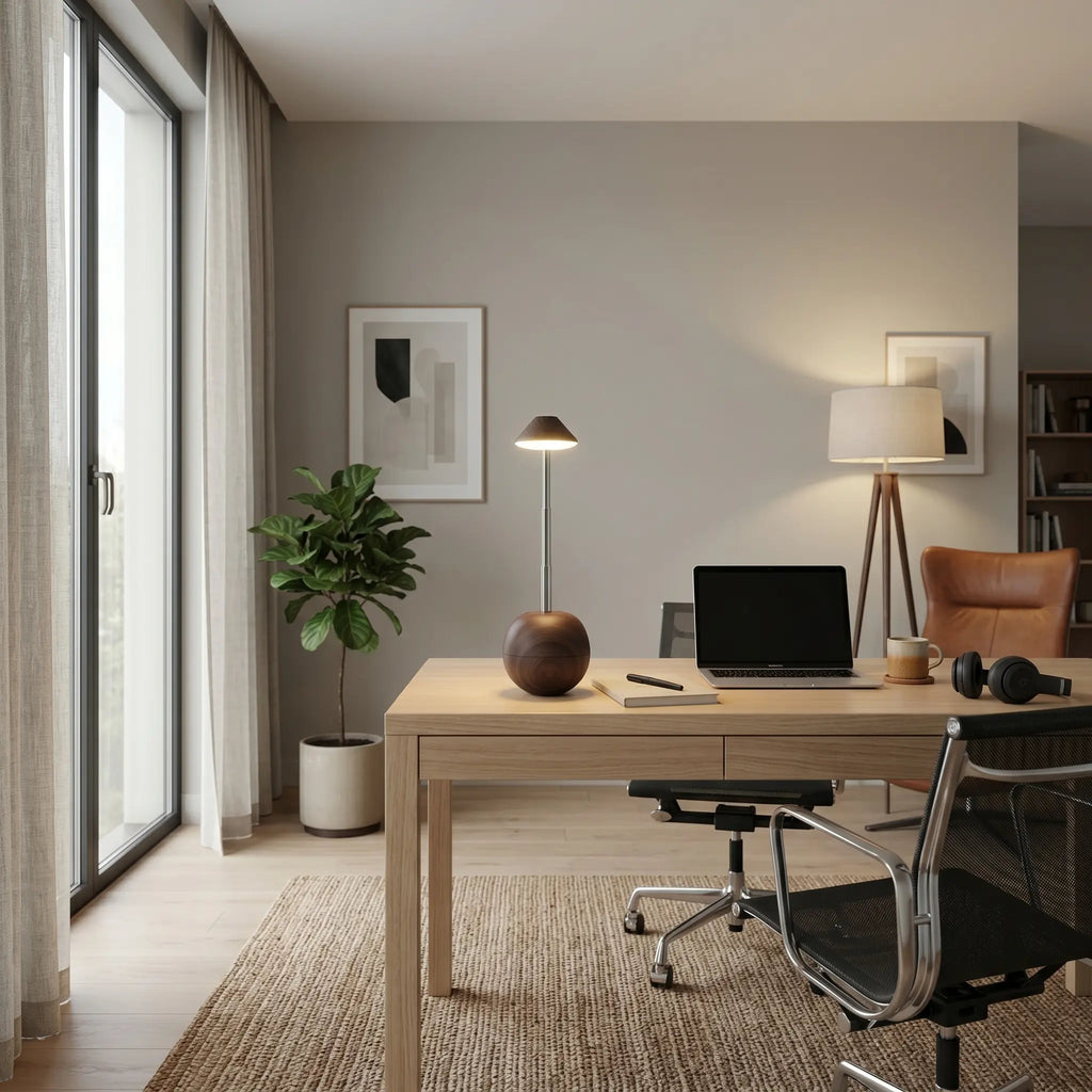 Lampe de Bureau Inclinable LED en Bois sur un bureau minimaliste