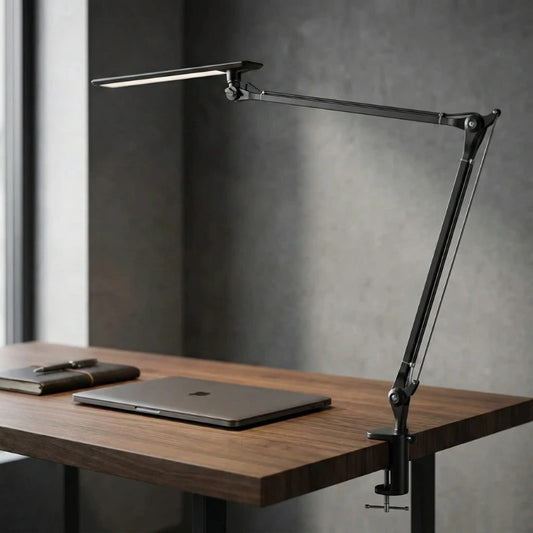Lampe de Bureau LED à Pince Métallique noire sur un bureau en bois foncé