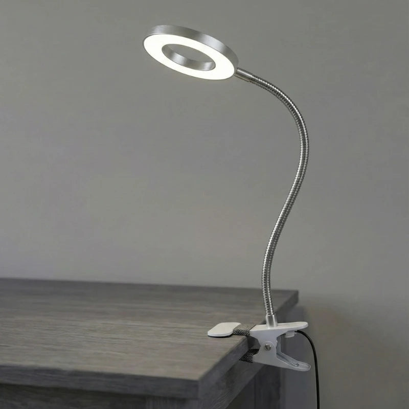 Lampe de Bureau LED USB Col de Cygne à Pince en argent sur un bureau en bois gris
