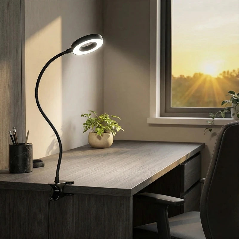 Lampe de Bureau LED USB Col de Cygne à Pince noire de jour sur un bureau