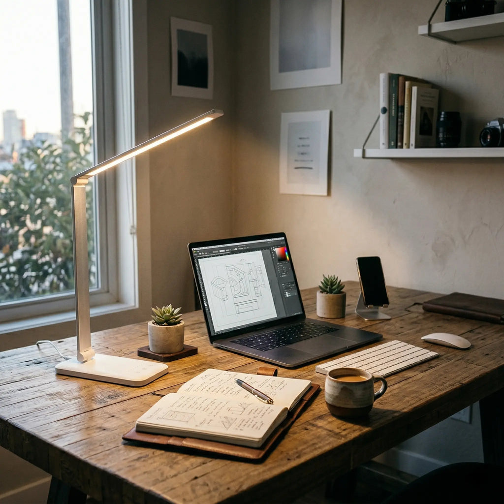Lampe de Bureau LED Lumina qui éclaire un bureau en bois