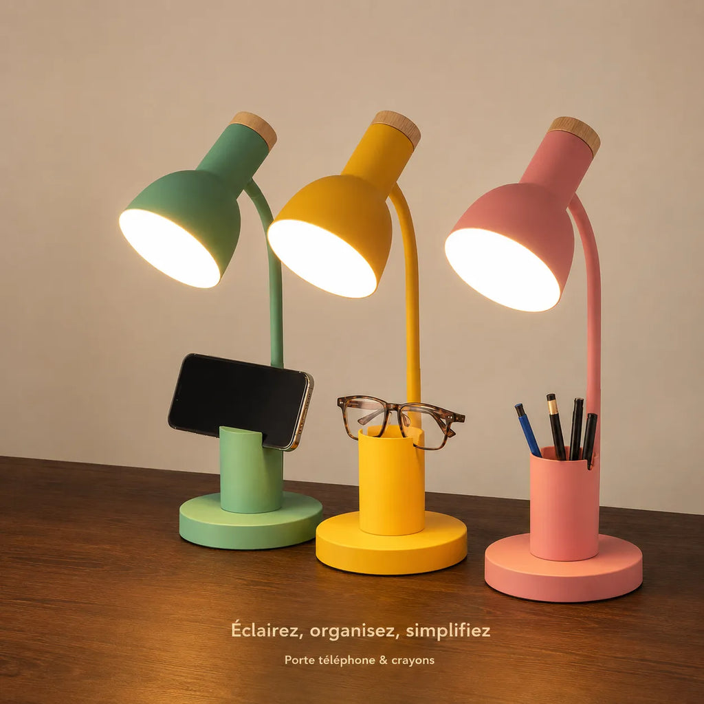 Lampe bureau pastel LED avec porte-stylos pratique