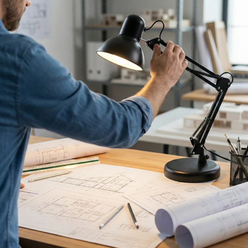 Un homme en chemise bleue qui ajuste la Lampe de Bureau Architecte sur Pied Acier depuis son plan d'architecte