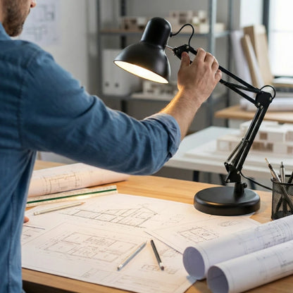 Un homme en chemise bleue qui ajuste la Lampe de Bureau Architecte sur Pied Acier depuis son plan d'architecte