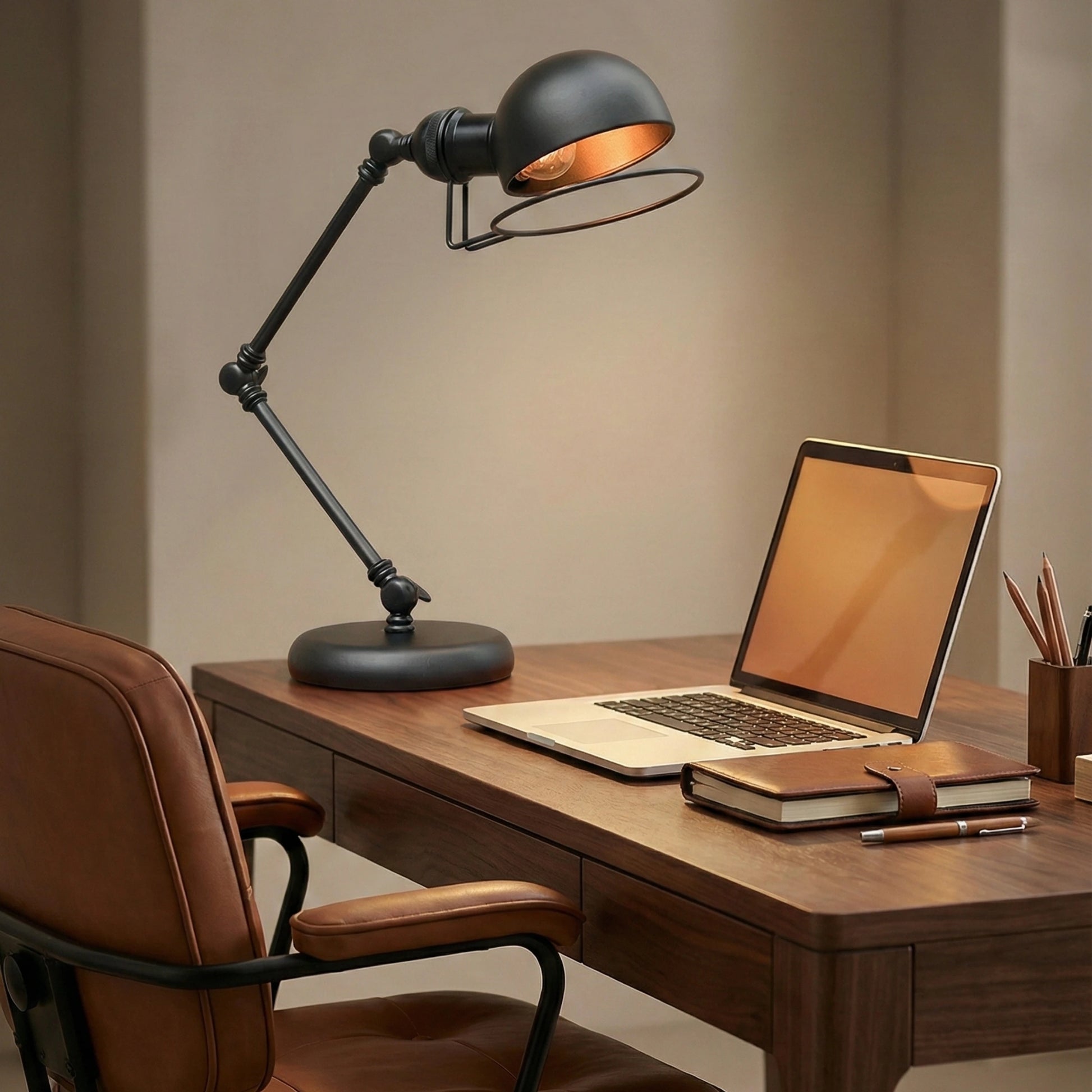 Lampe de Bureau Vintage Architecte Noire qui claire un petit bureau en bois foncé