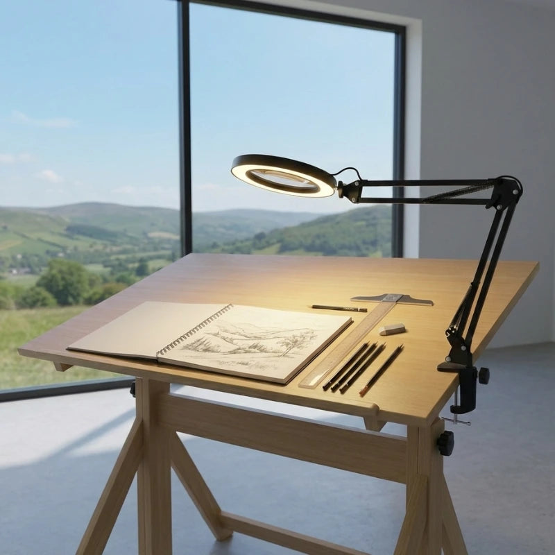Lampe de Bureau Loupe LED 10X Pince & Base 2-en-1 à pince sur un espace de dessin en bois clair