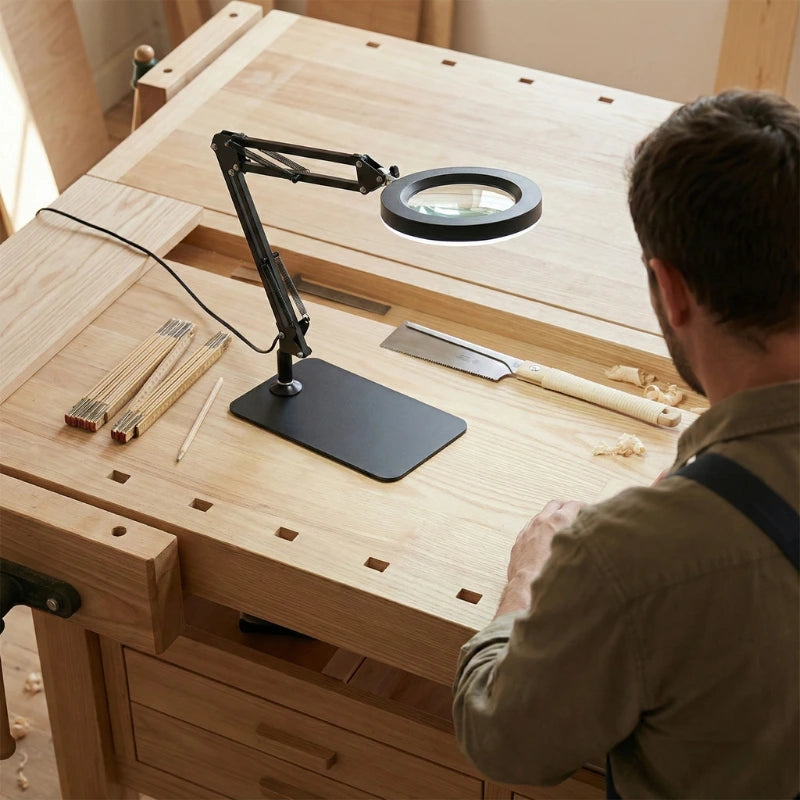 Lampe de Bureau Loupe LED 10X Pince & Base 2-en-1 qui éclaire un plan de travail
