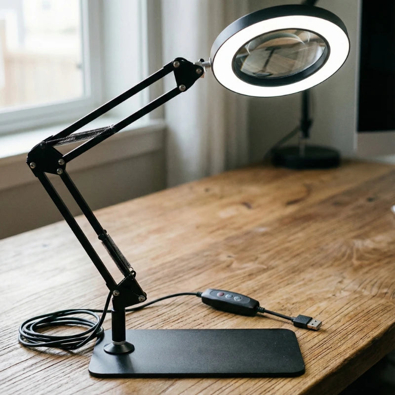 Lampe de Bureau Loupe LED 10X Pince & Base 2-en-1 sur un espace de travail en bois épais