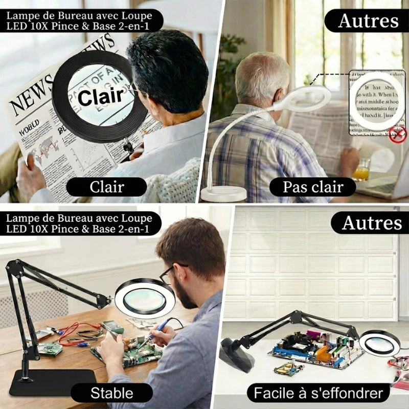 Comparaison de la Lampe de Bureau Loupe LED 10X Pince & Base 2-en-1 VS autres