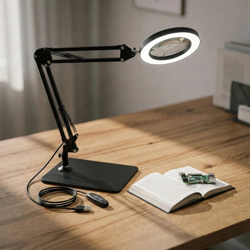 Lampe de Bureau Loupe LED 10X Pince & Base 2-en-1 noire sur un bureau en bois