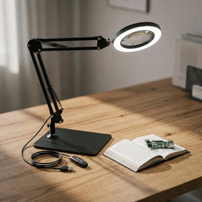 Lampe de Bureau Loupe LED 10X Pince & Base 2-en-1 noire sur un bureau en bois