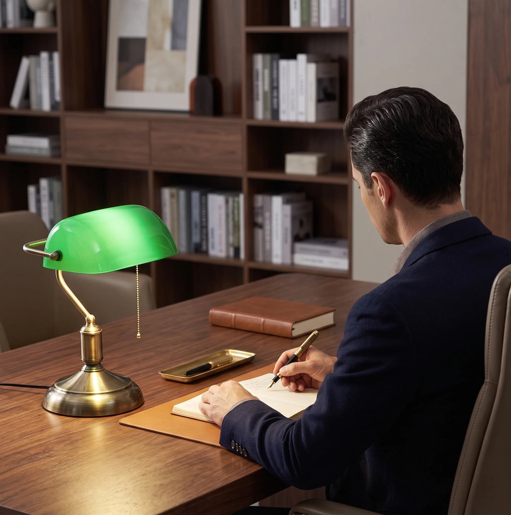 Lampe de Bureau Vintage Banquier qui éclaire le bureau d'un homme d'affaire