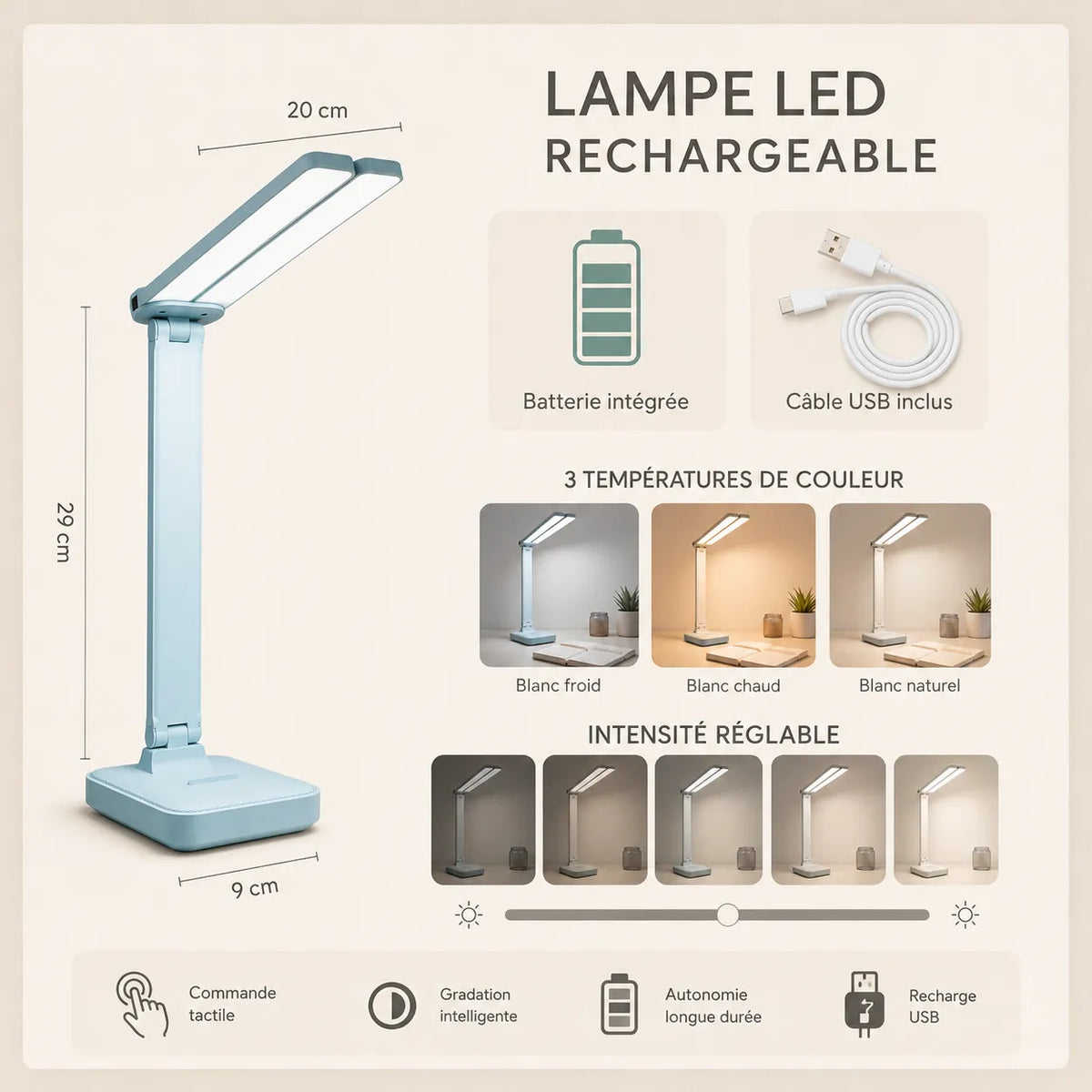 Lampe de bureau bleue pour chambre d’enfant avec lumière douce