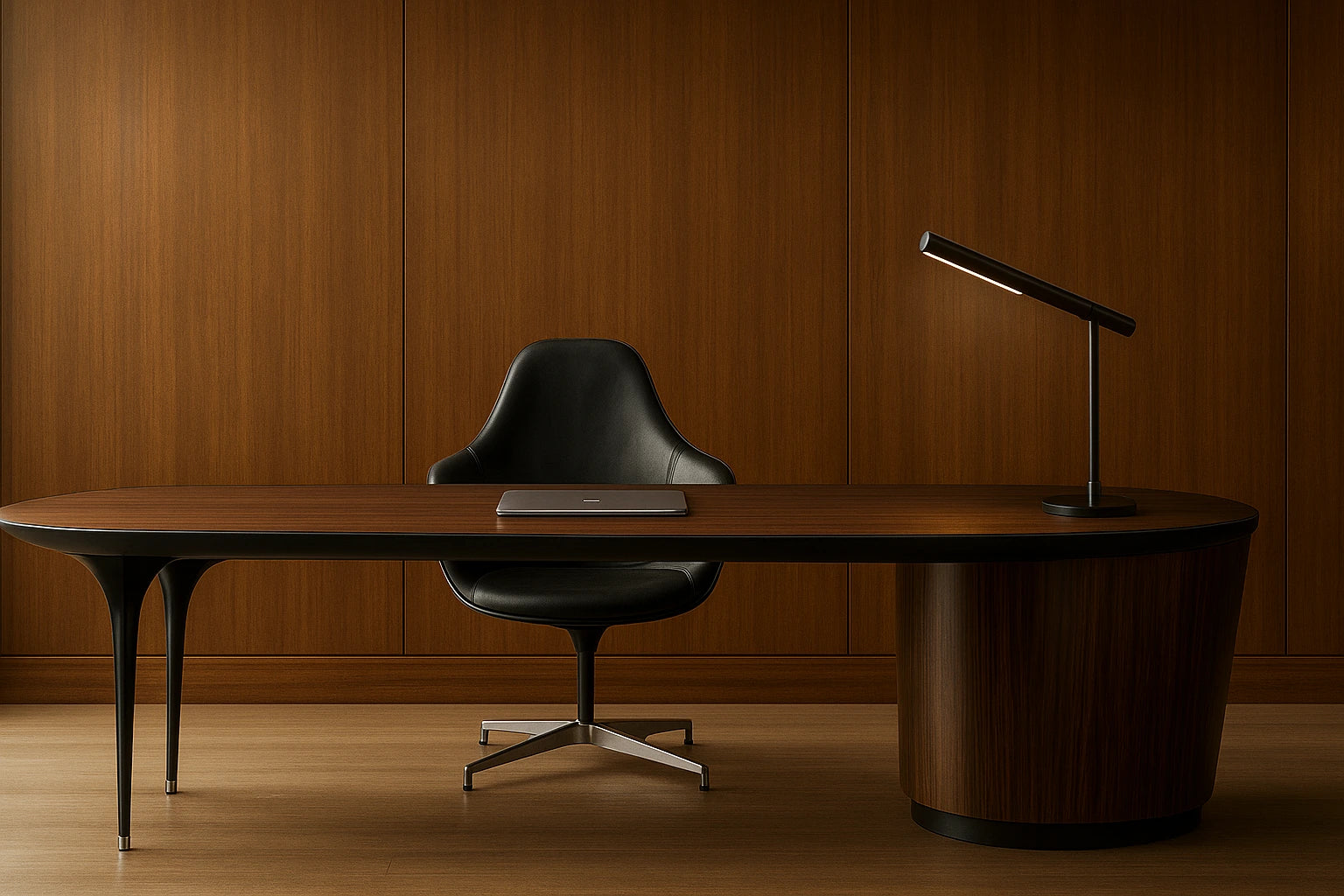 Lampe de bureau led noire sur un bureau en bois simpliste