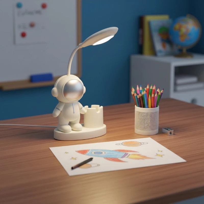 Lampe de Bureau Enfant Astronaute LED sur un bureau en bois foncé