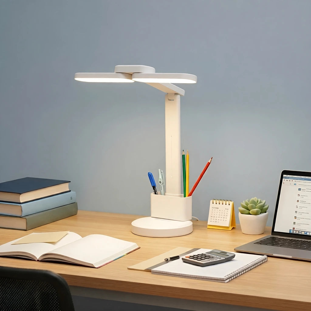 Lampe de Bureau Enfant DuoLight LED posée sur un bureau en bois