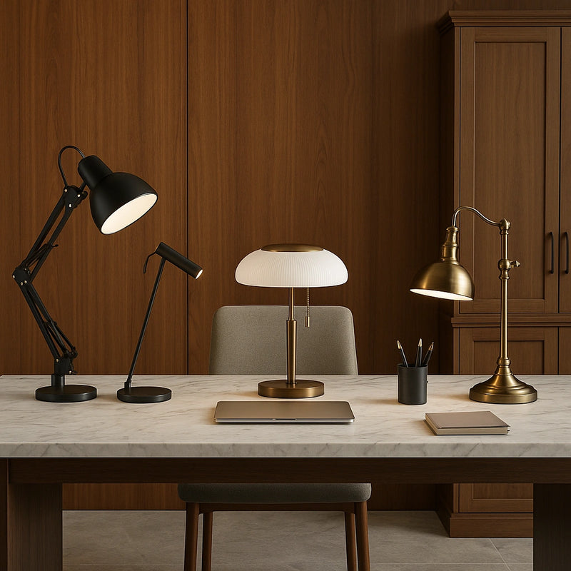 Banniere lampe de bureau de Lamperia avec 4 lampes de bureau sur un espace de travail 