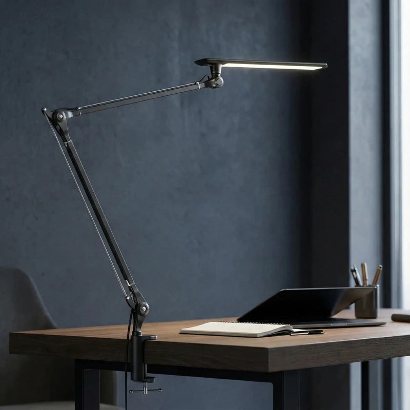 Lampe de Bureau LED à Pince Métallique noire sur un espace de travail