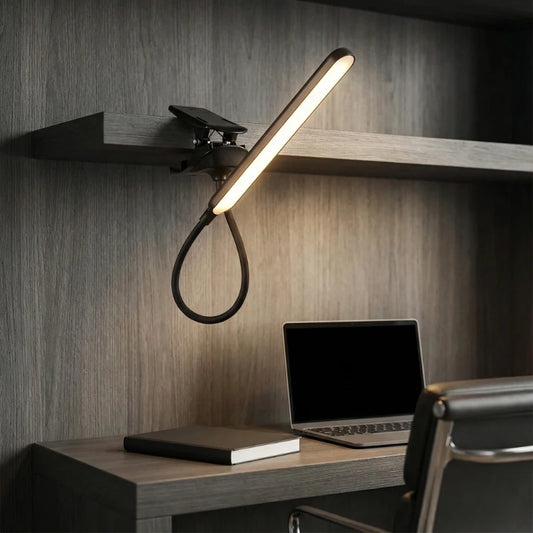 Lampe de Bureau LED à Pince Sans Fil configurée sur une étagère murale en bois gris foncé qui éclaire un bureau