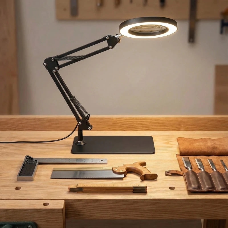 Lampe de Bureau Loupe LED 10X Pince & Base 2-en-1 sur un plan de travail de bois