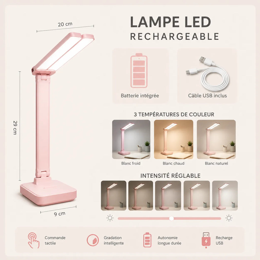 Lampe de bureau rose rechargeable USB avec éclairage LED