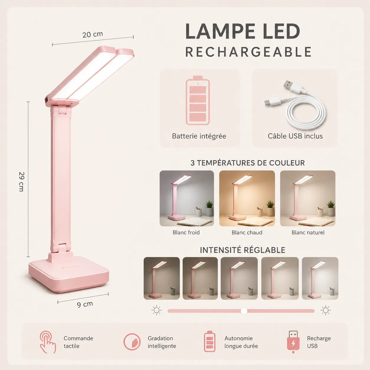 Lampe de bureau rose rechargeable USB avec éclairage LED