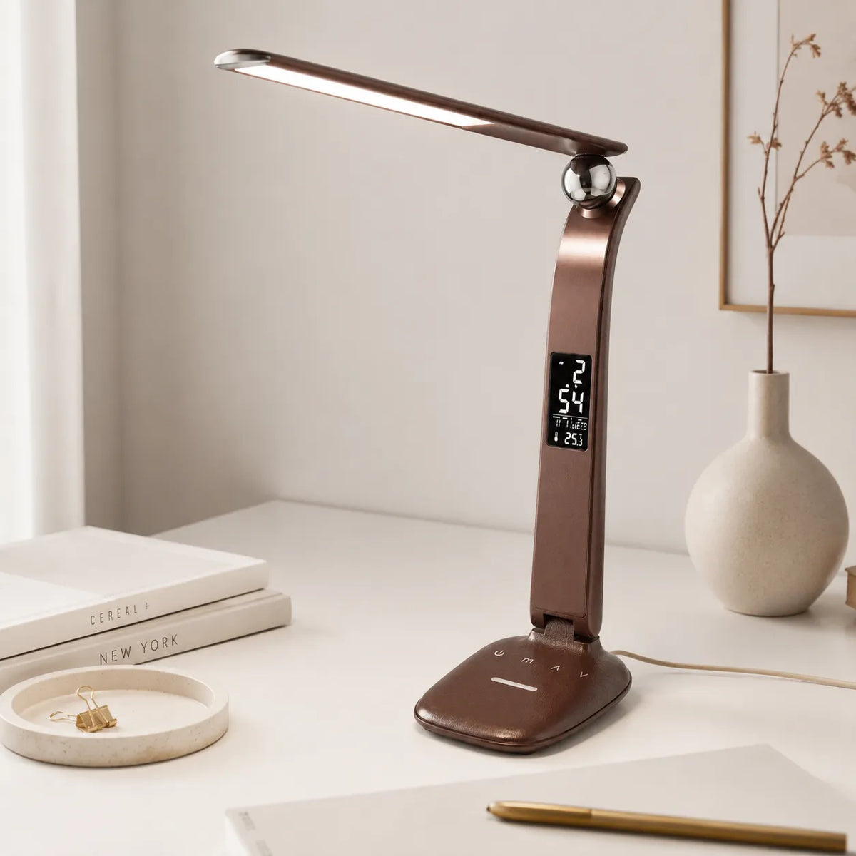 Lampe de Bureau LED Luxa tactile avec lumière naturelle large diffusion sur bureau contemporain