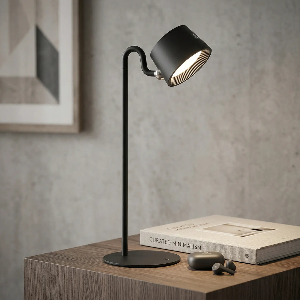 Lampe de Bureau LED Magnetic sur une commode en bois foncé