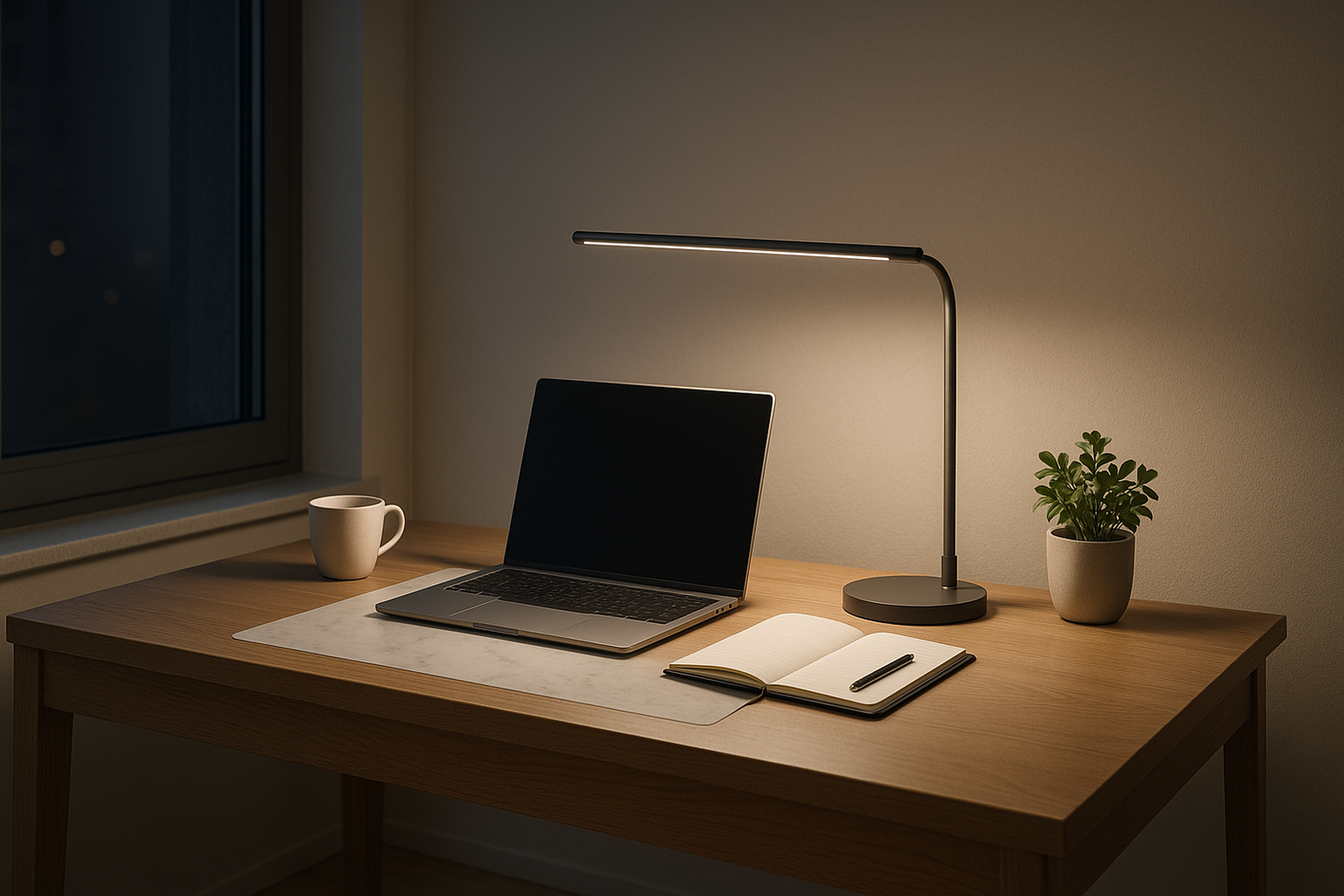 Lampe de bureau led noire fine qui éclaire un bureau étudiant en bois clair