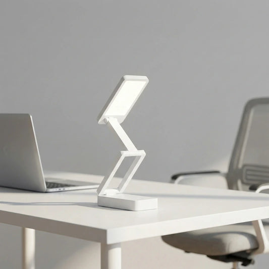 Lampe de Bureau LED Pliable à Pile sur un espace de travail blanc
