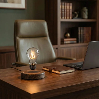 Lampe de bureau design à lévitation magnétique placée sur un espace de travail en bois massif