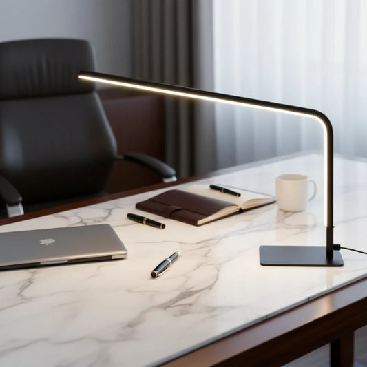 Lampe de Bureau LED USB Linea noire au-dessus d'un bureau de travail en marbre blanc